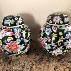 Pair of China Jingdezhen Chinese porcelain lidded jars black floral handpainted